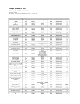 Springer Journals List 2016 Complete Catalogue Including Open Access Journals