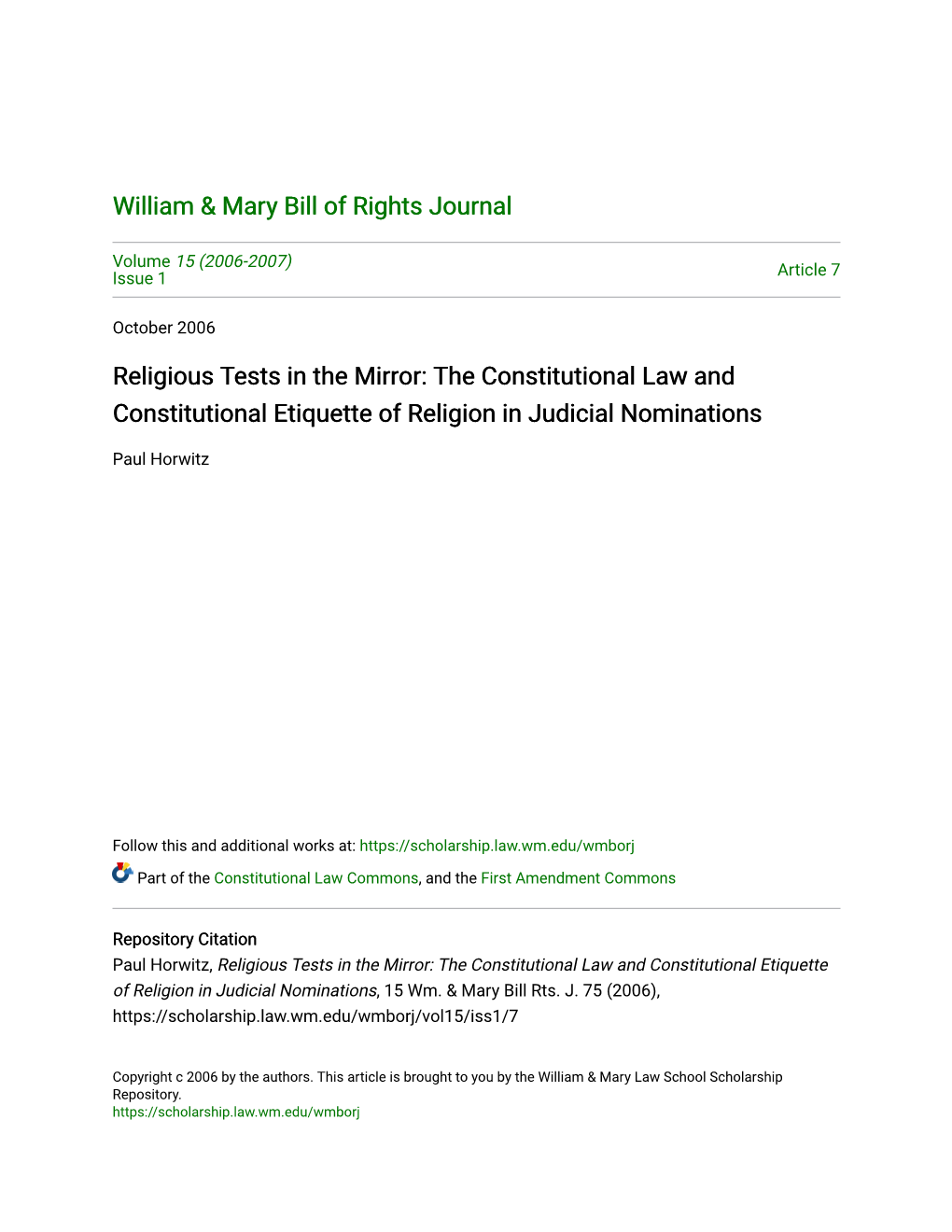 Religious Tests in the Mirror: the Constitutional Law and Constitutional Etiquette of Religion in Judicial Nominations