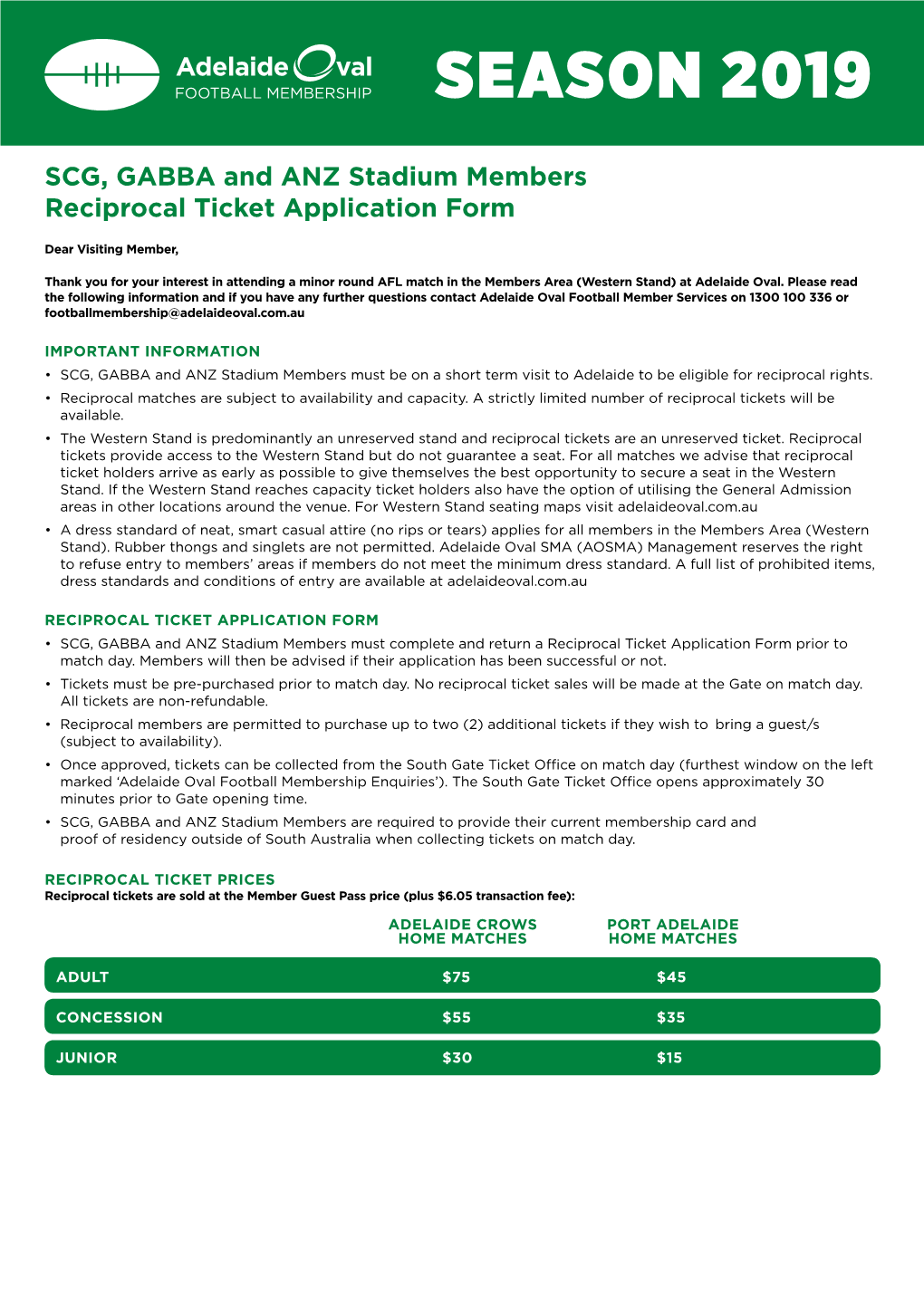 SCG, GABBA and ANZ Stadium Members Reciprocal Ticket Application Form