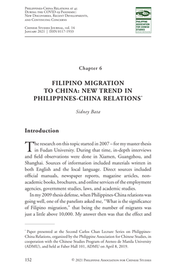 Filipino Migration to China: New Trend in Philippines-China Relations*