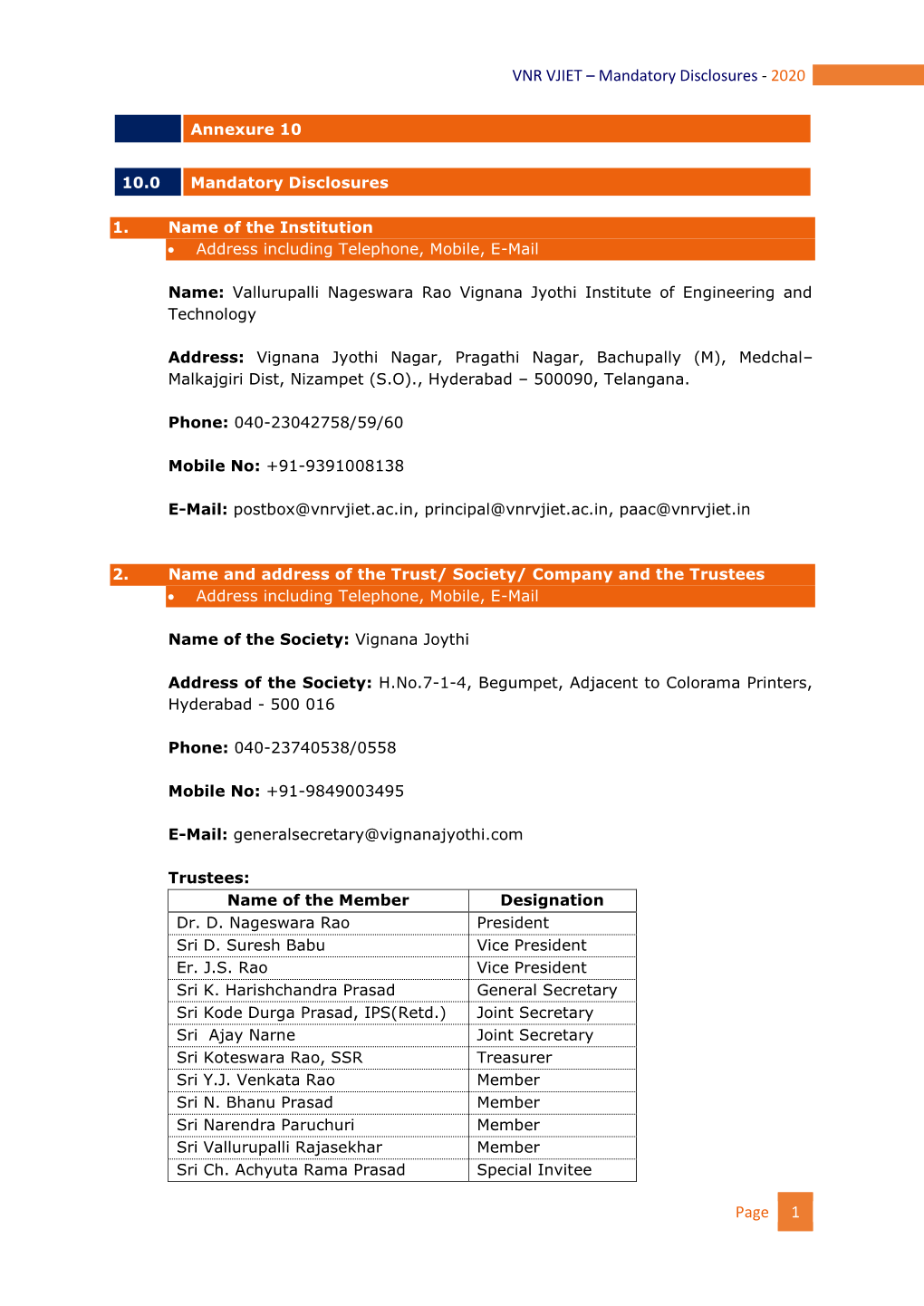 Page 1 VNR VJIET – Mandatory Disclosures