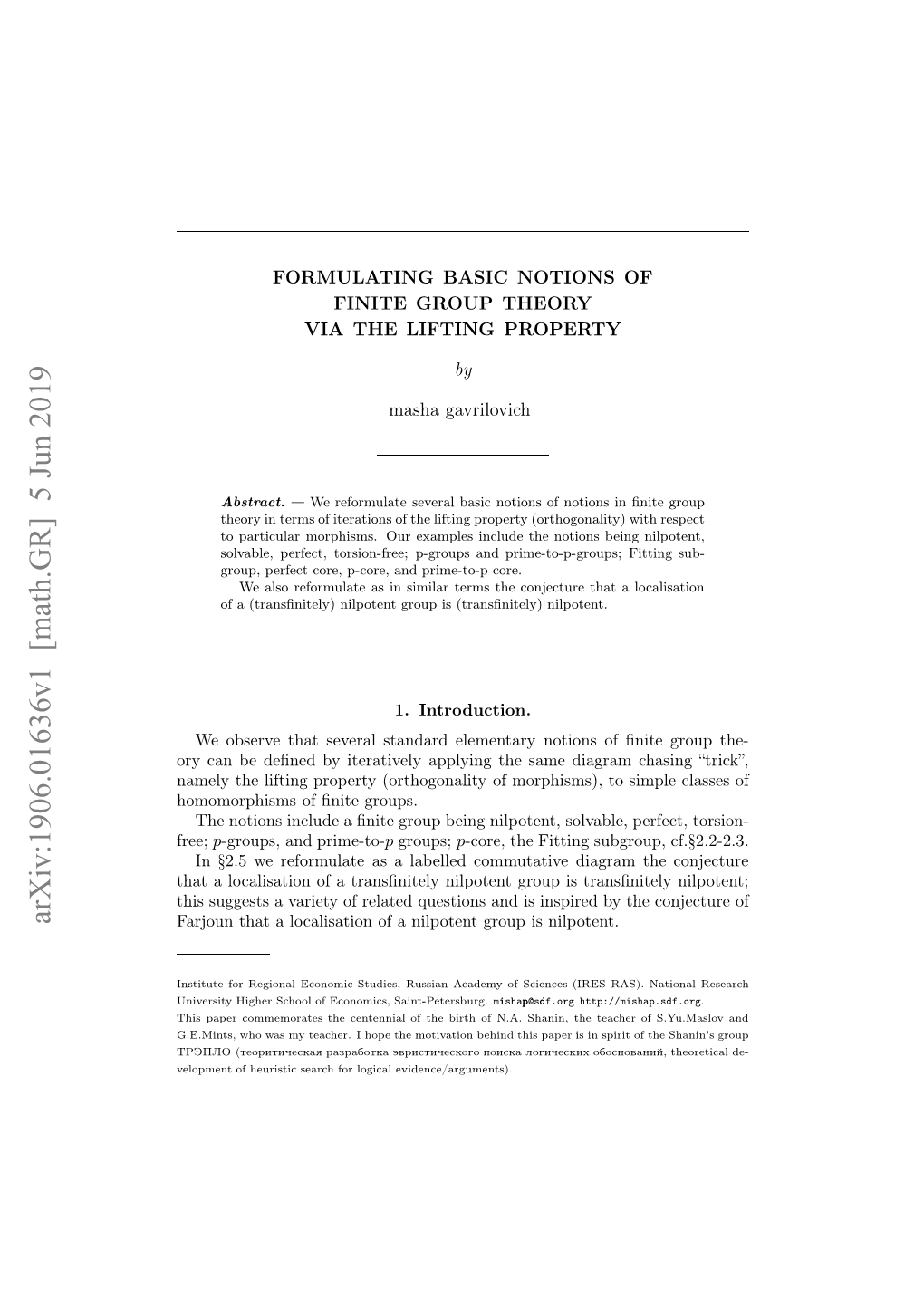 Arxiv:1906.01636V1 [Math.GR] 5 Jun 2019 Eomn Fhuitcsac O Oia Evidence/Argume Logical for Search Heuristic S T of Л Behind Velopment Поиска N.A