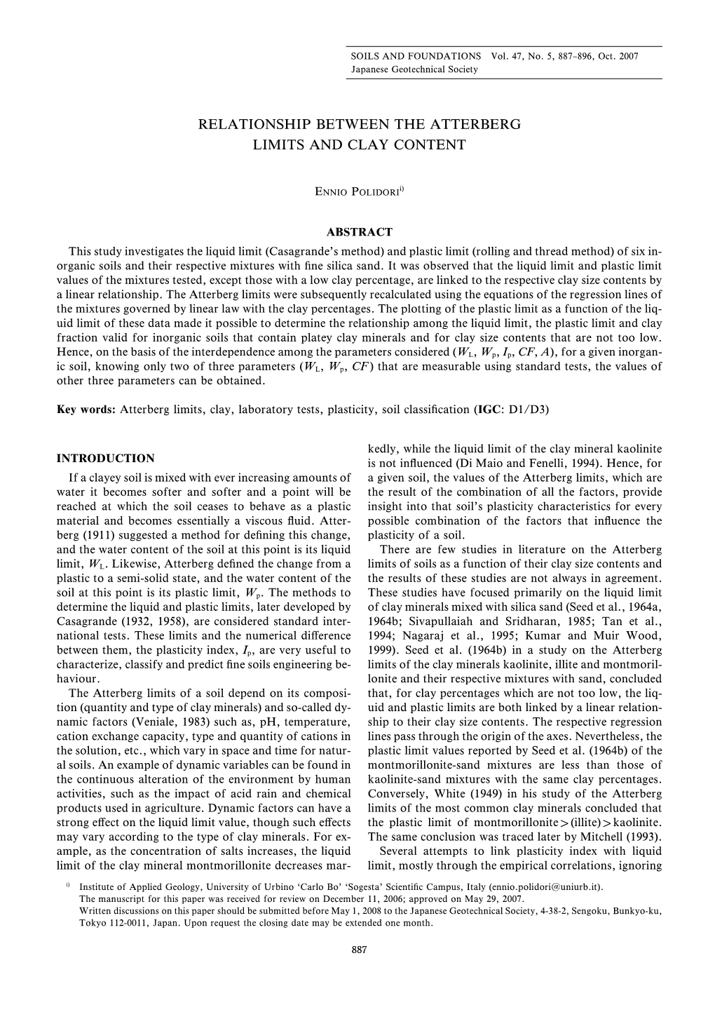 Relationship Between the Atterberg Limits and Clay Content