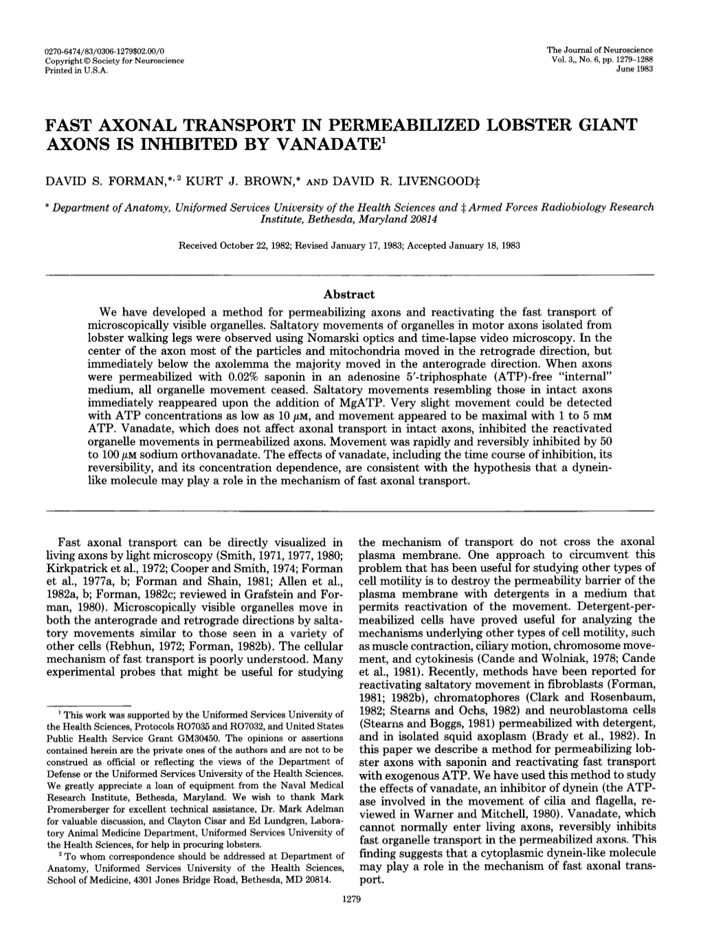 Fast Axonal Transport in Permeabilized Lobster Giant Axons Is Inhibited by Vanadate’