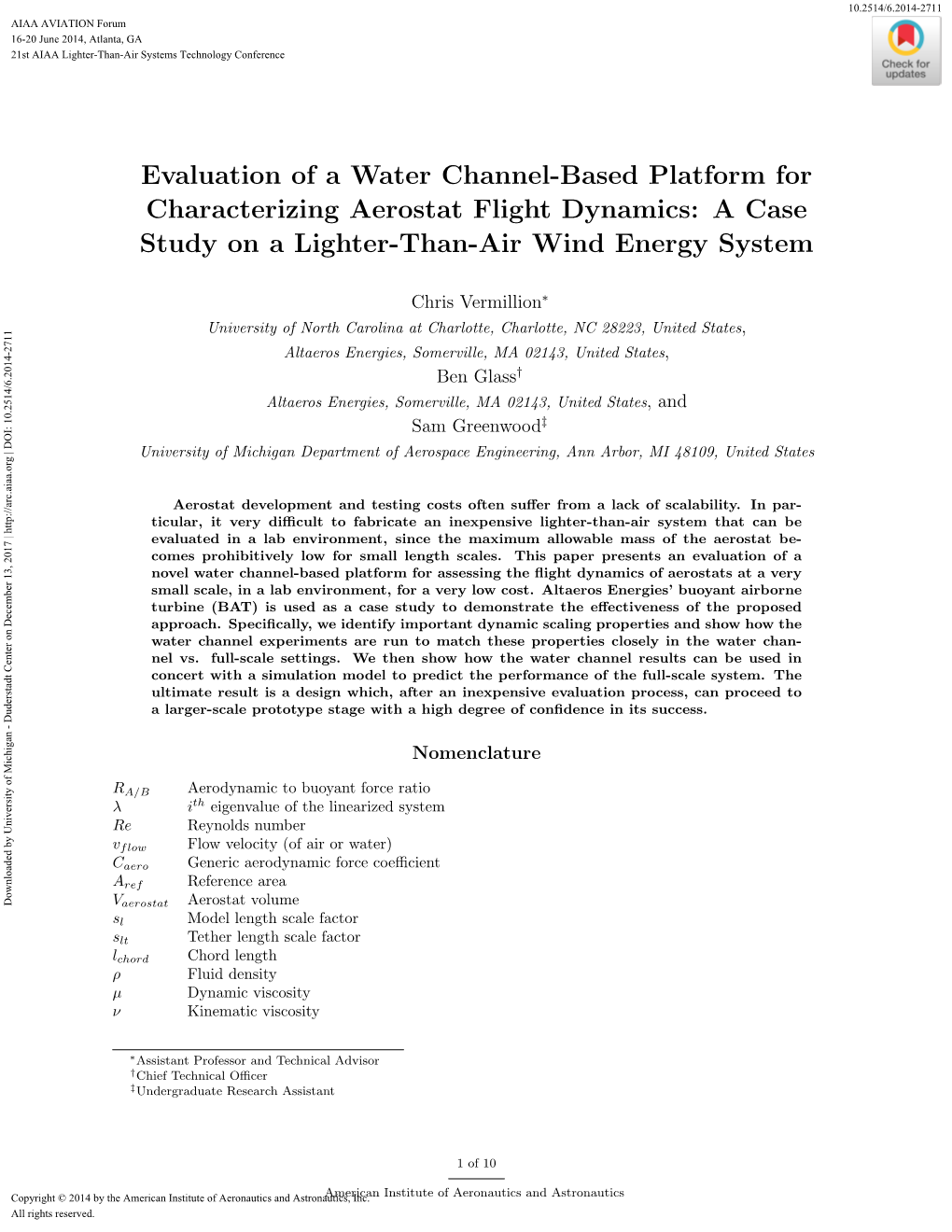Evaluation of a Water Channel-Based Platform for Characterizing Aerostat Flight Dynamics: a Case Study on a Lighter-Than-Air Wind Energy System