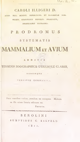 Caroli Illigeri ... Prodromus Systematis Mammalium Et Avium