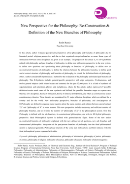 Re-Construction & Definition of the New Branches of Philosophy