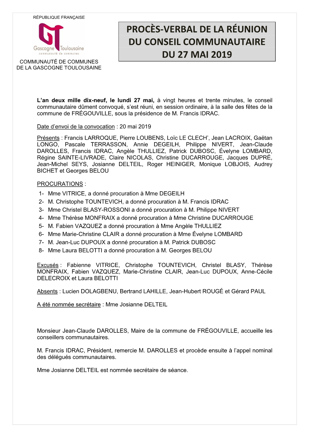 Procès-Verbal De La Réunion Du Conseil Communautaire Du 27 Mai 2019