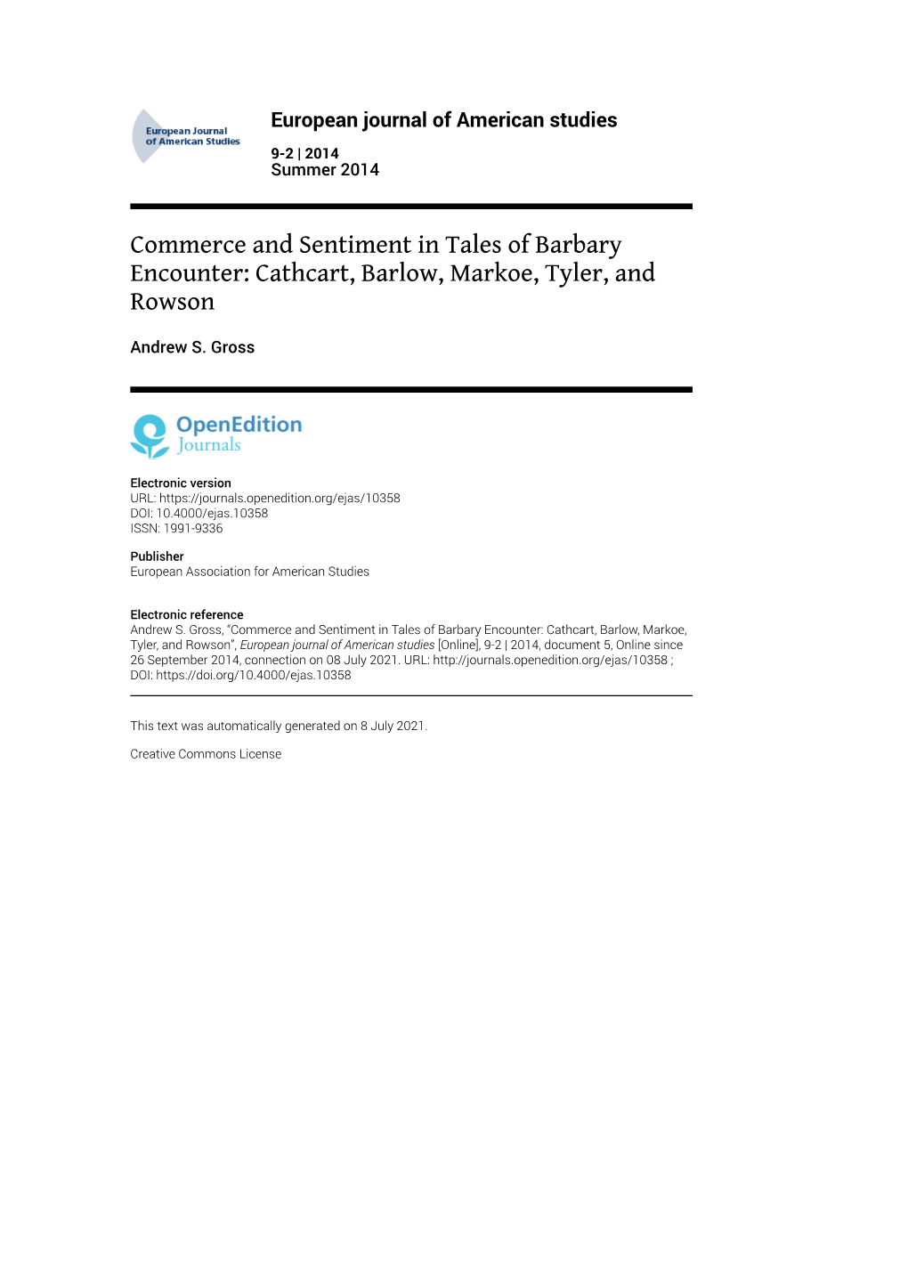 European Journal of American Studies, 9-2 | 2014 Commerce and Sentiment in Tales of Barbary Encounter: Cathcart, Barlow, Marko