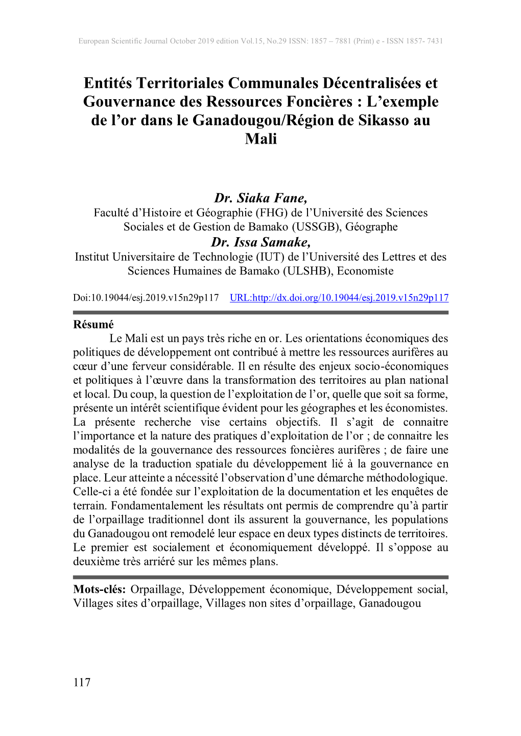 Entités Territoriales Communales Décentralisées Et Gouvernance Des Ressources Foncières : L’Exemple De L’Or Dans Le Ganadougou/Région De Sikasso Au Mali