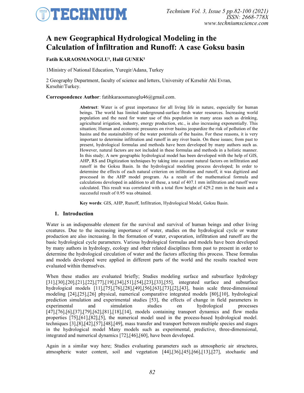 A New Geographical Hydrological Modeling in the Calculation of İnfiltration and Runoff: a Case Goksu Basin