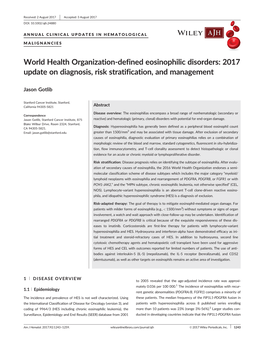 World Health Organization‐Defined Eosinophilic Disorders: 2017 Update on Diagnosis, Risk Stratification, and Management
