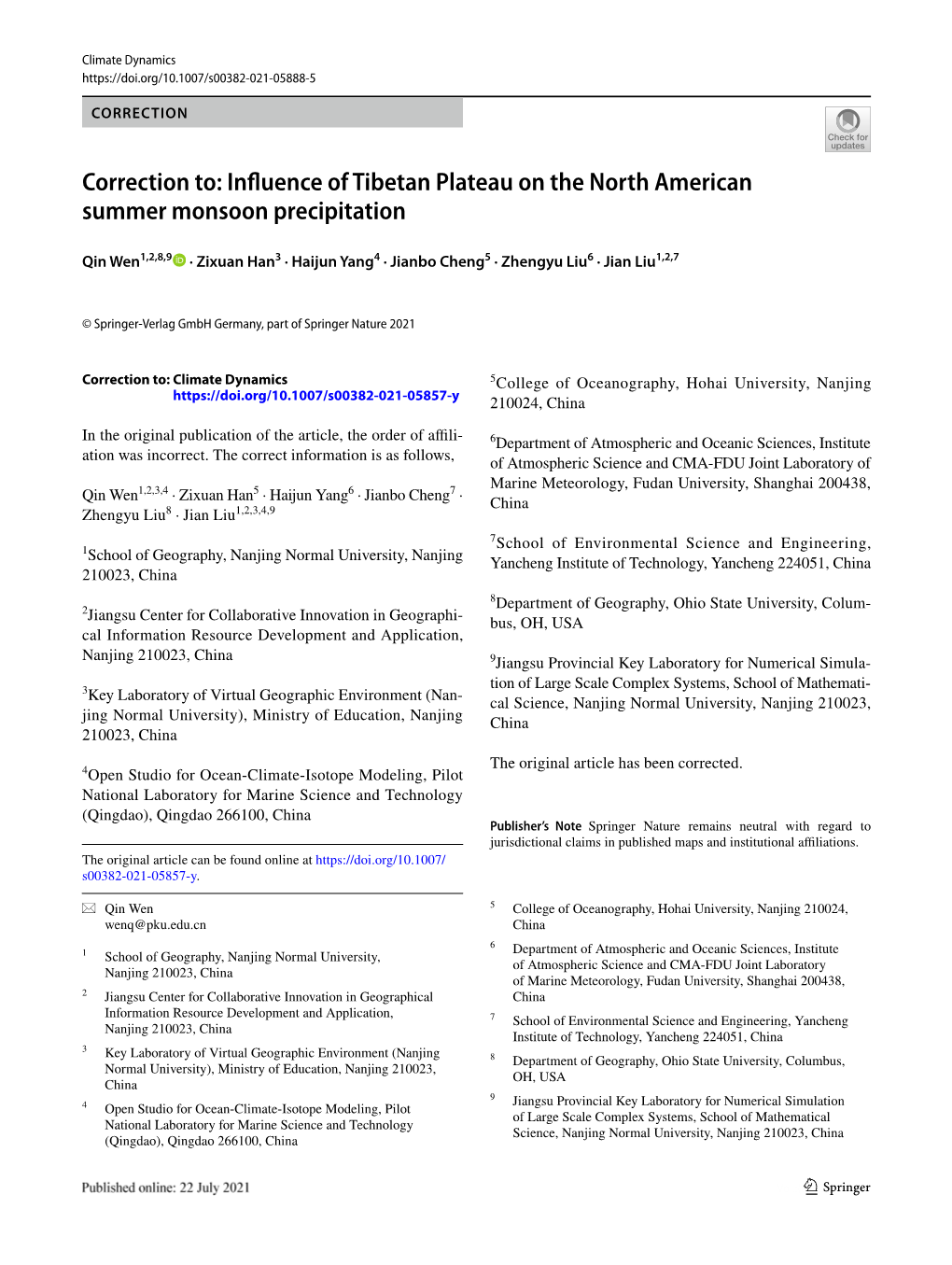 Correction To: Influence of Tibetan Plateau on the North American