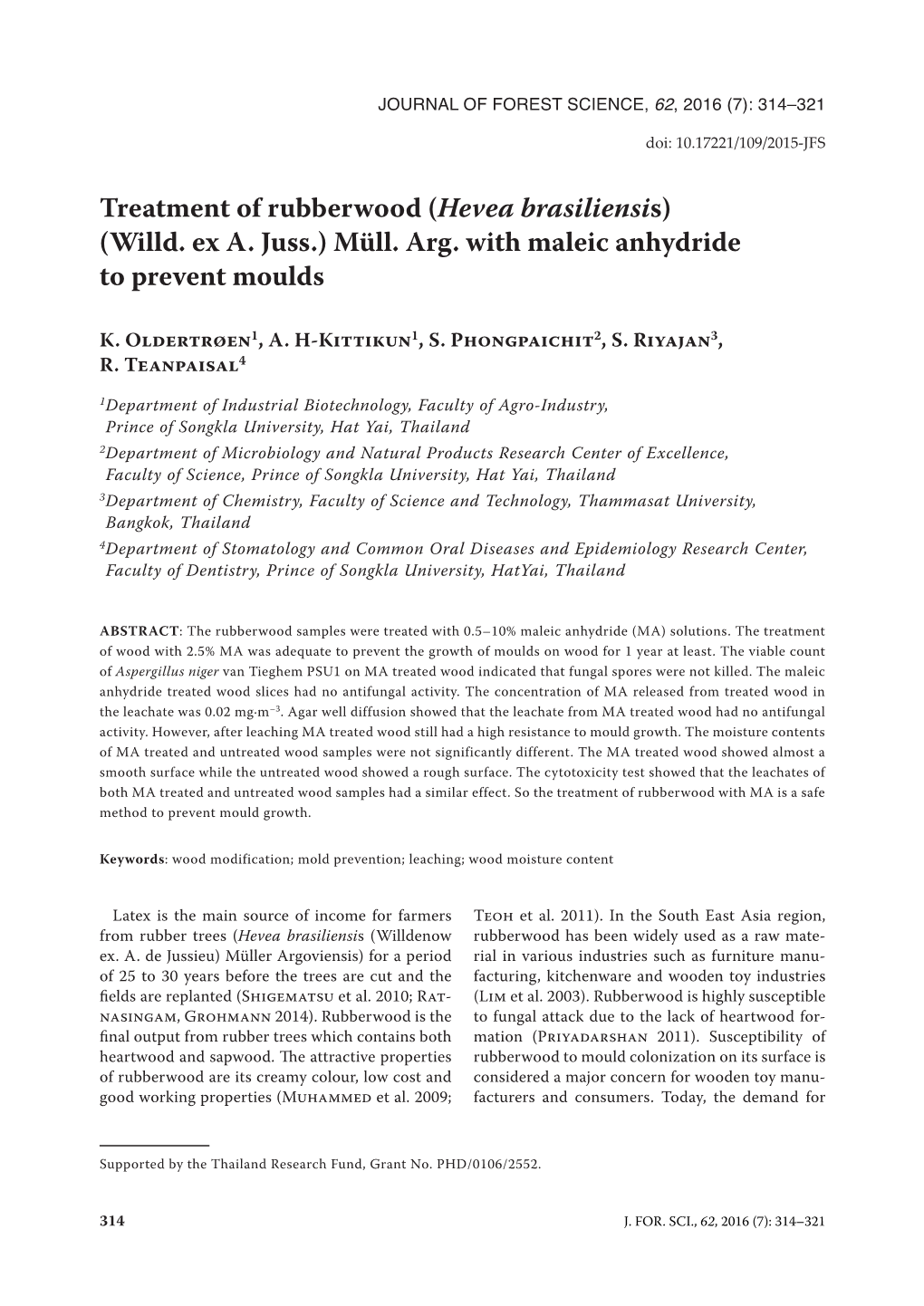 Treatment of Rubberwood (Hevea Brasiliensis) (Willd. Ex A. Juss.) Müll