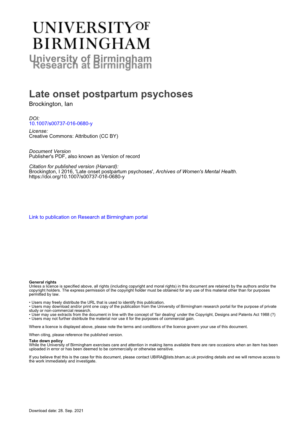 Late Onset Postpartum Psychoses Brockington, Ian