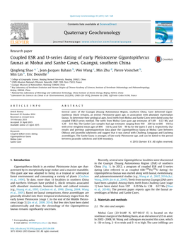 Coupled ESR and U-Series Dating of Early Pleistocene Gigantopithecus Faunas at Mohui and Sanhe Caves, Guangxi, Southern China