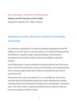 International Scientific Achievements of Professor Erich Saling Asim Kurjak