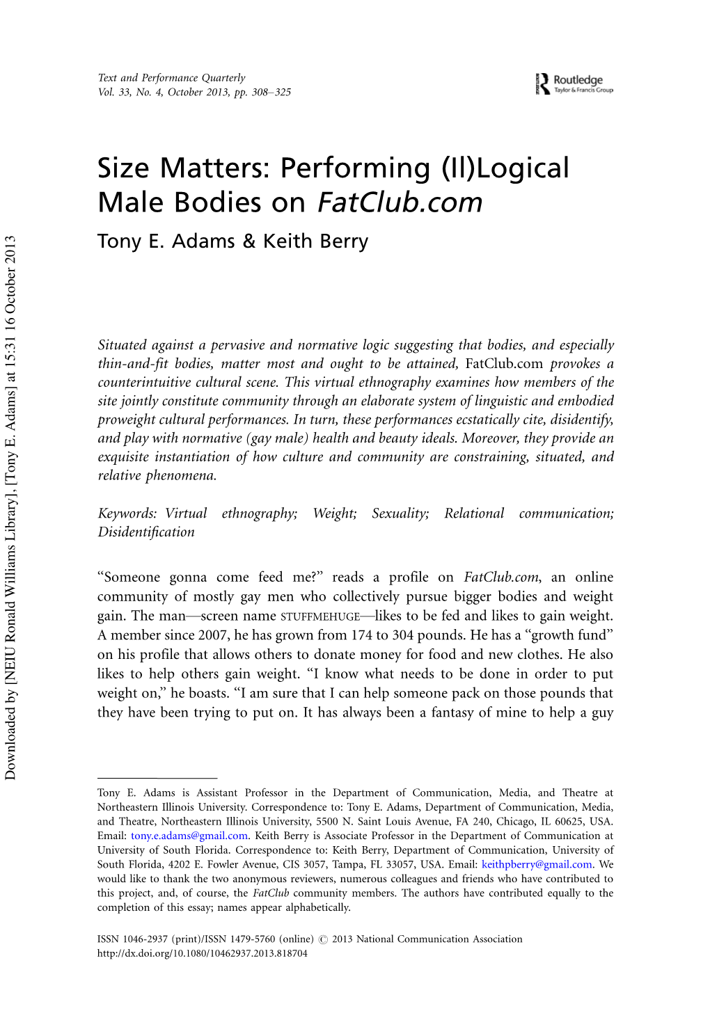 Size Matters: Performing (Il)Logical Male Bodies on Fatclub.Com Tony E