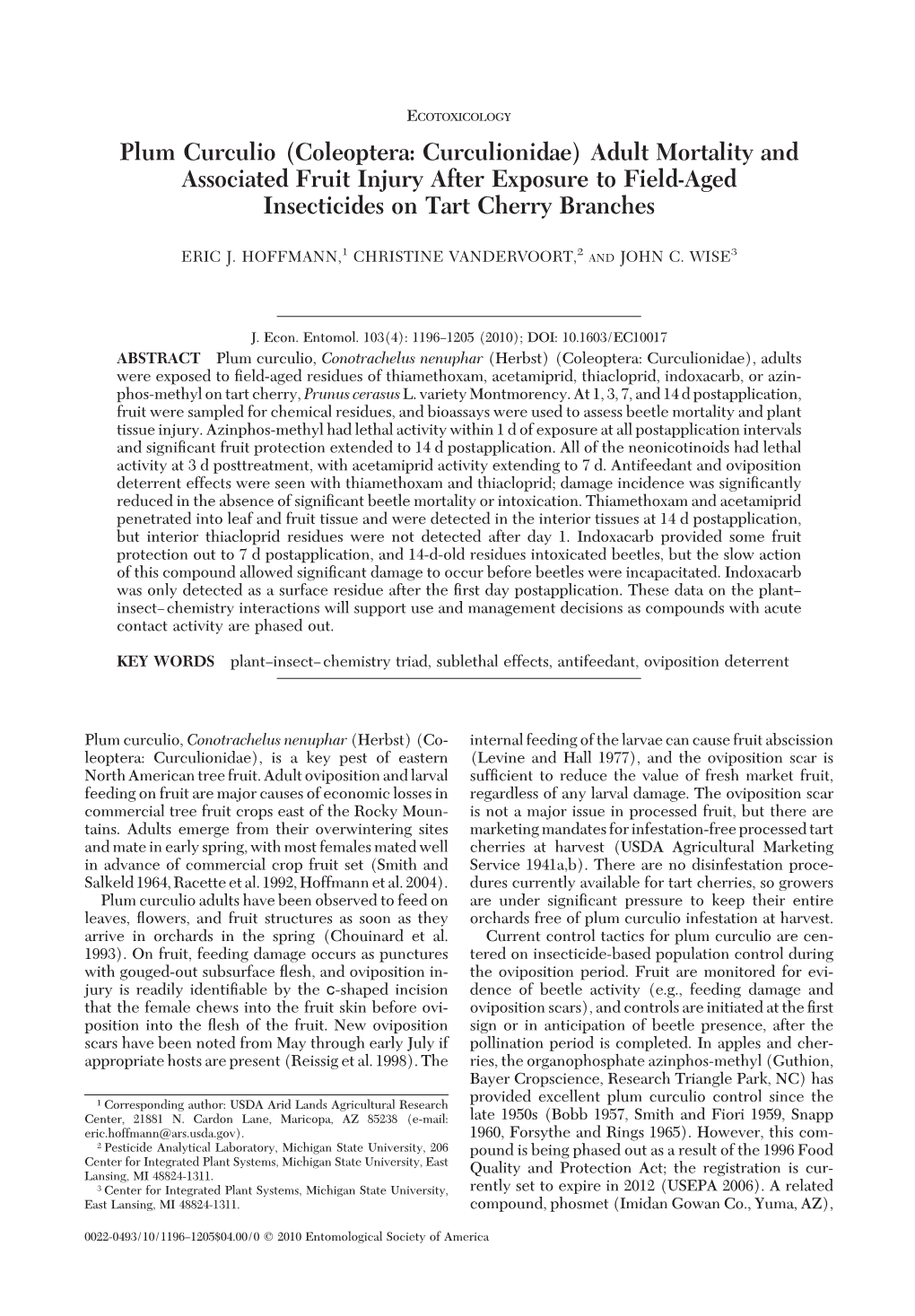 Plum Curculio (Coleoptera: Curculionidae) Adult Mortality and Associated Fruit Injury After Exposure to Field-Aged Insecticides on Tart Cherry Branches