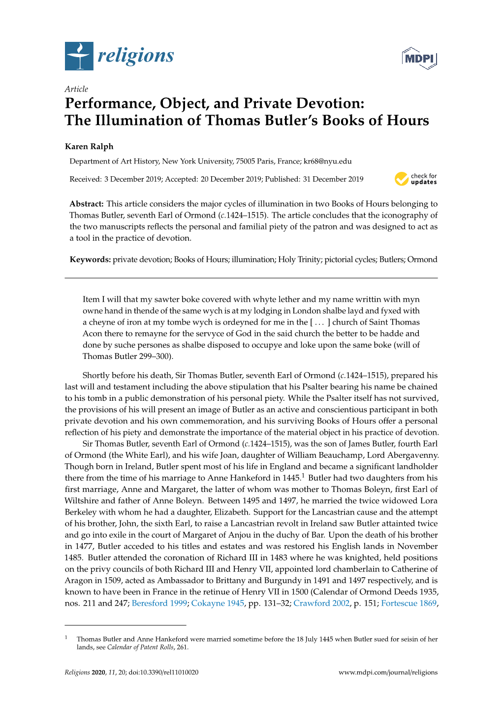 The Illumination of Thomas Butler's Books of Hours