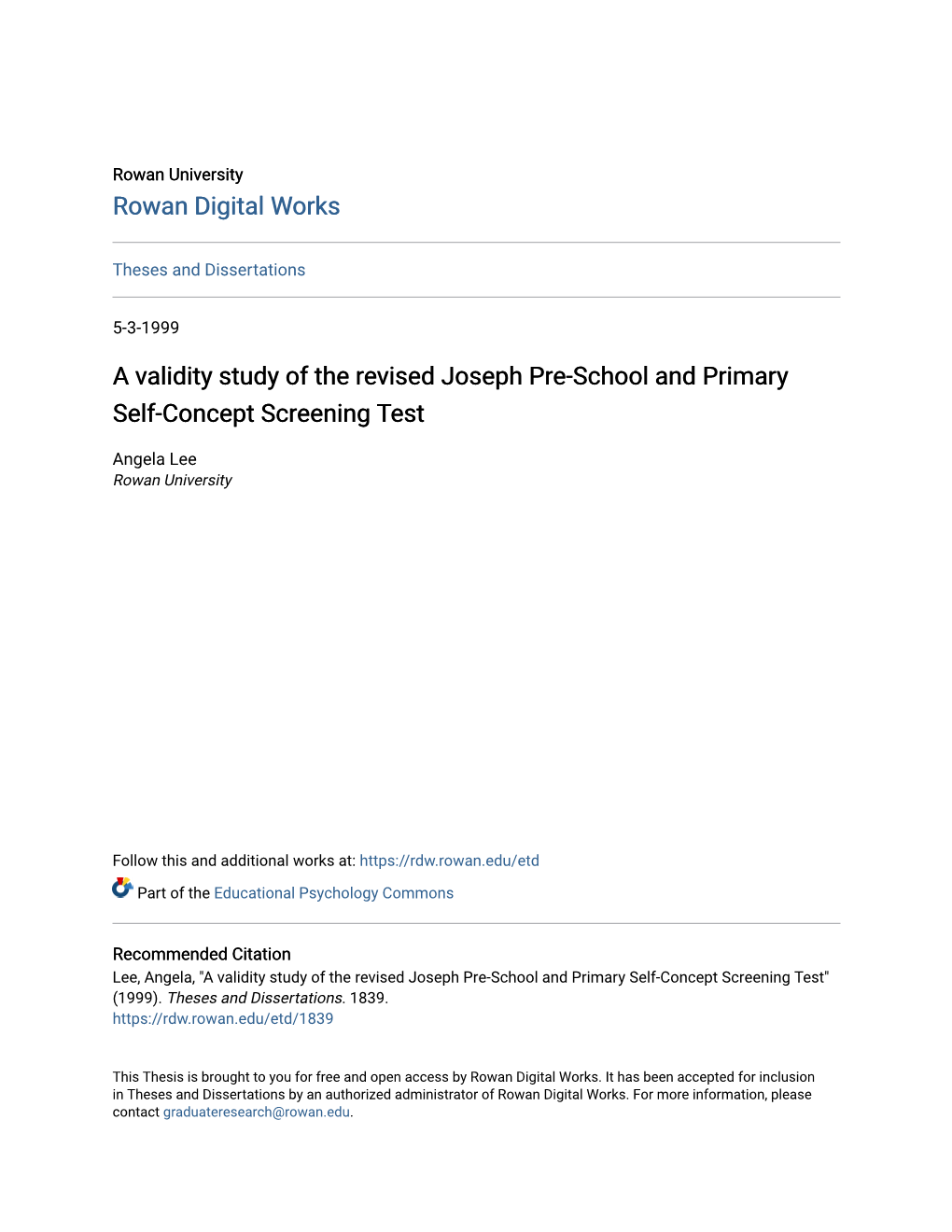 A Validity Study of the Revised Joseph Pre-School and Primary Self-Concept Screening Test