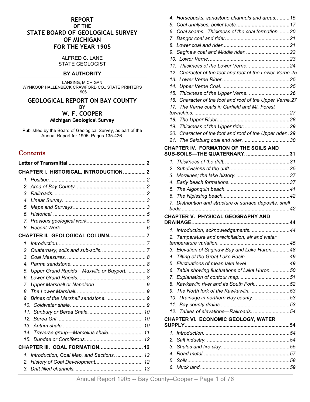 State Board of Geological Survey of Michigan for the Year 1905