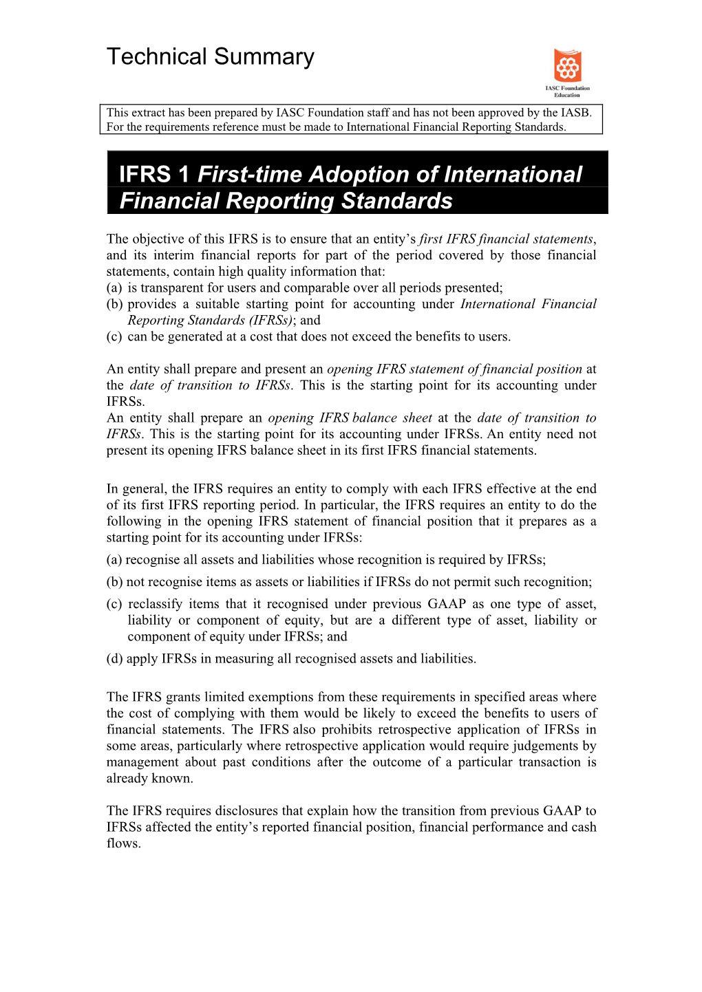 IFRS 1 First-Time Adoption of International Financial Reporting Standards