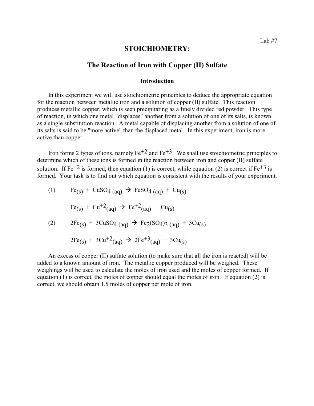 STOICHIOMETRY: the Reaction of Iron with Copper (II) Sulfate