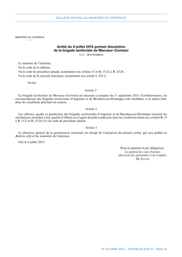 Arrêté Du 6 Juillet 2015 Portant Dissolution De La Brigade Territoriale De Mercœur (Corrèze)