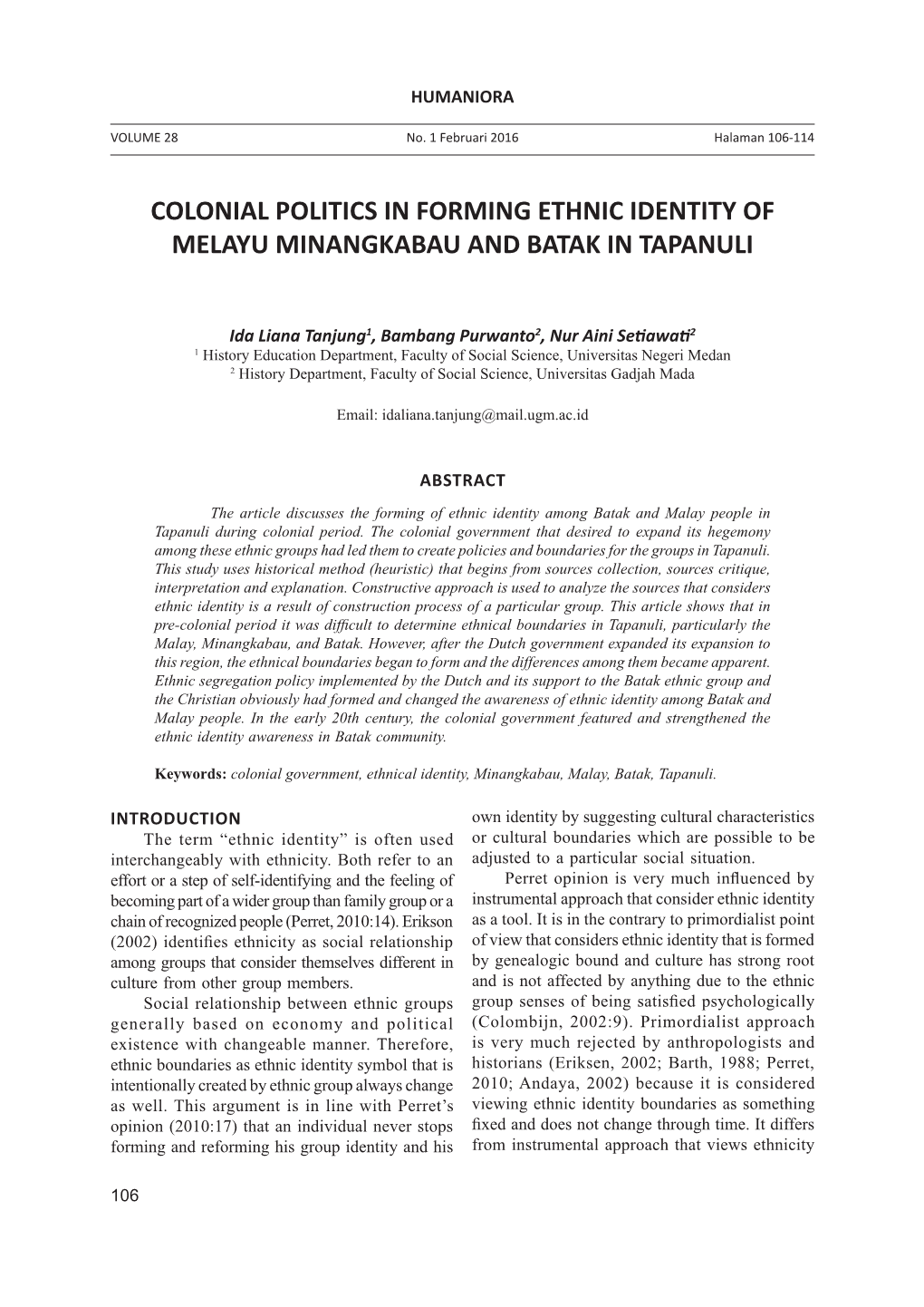 Colonial Politics in Forming Ethnic Identity of Melayu Minangkabau and Batak in Tapanuli