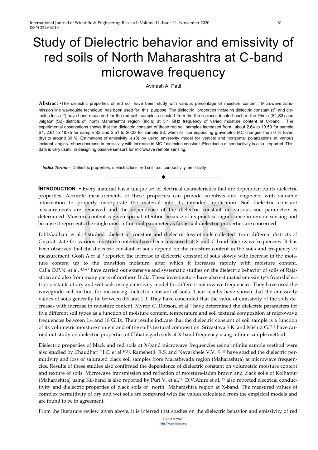 Study of Dielectric Behavior and Emissivity of Red Soils of North Maharashtra at C-Band Microwave Frequency Avinash A