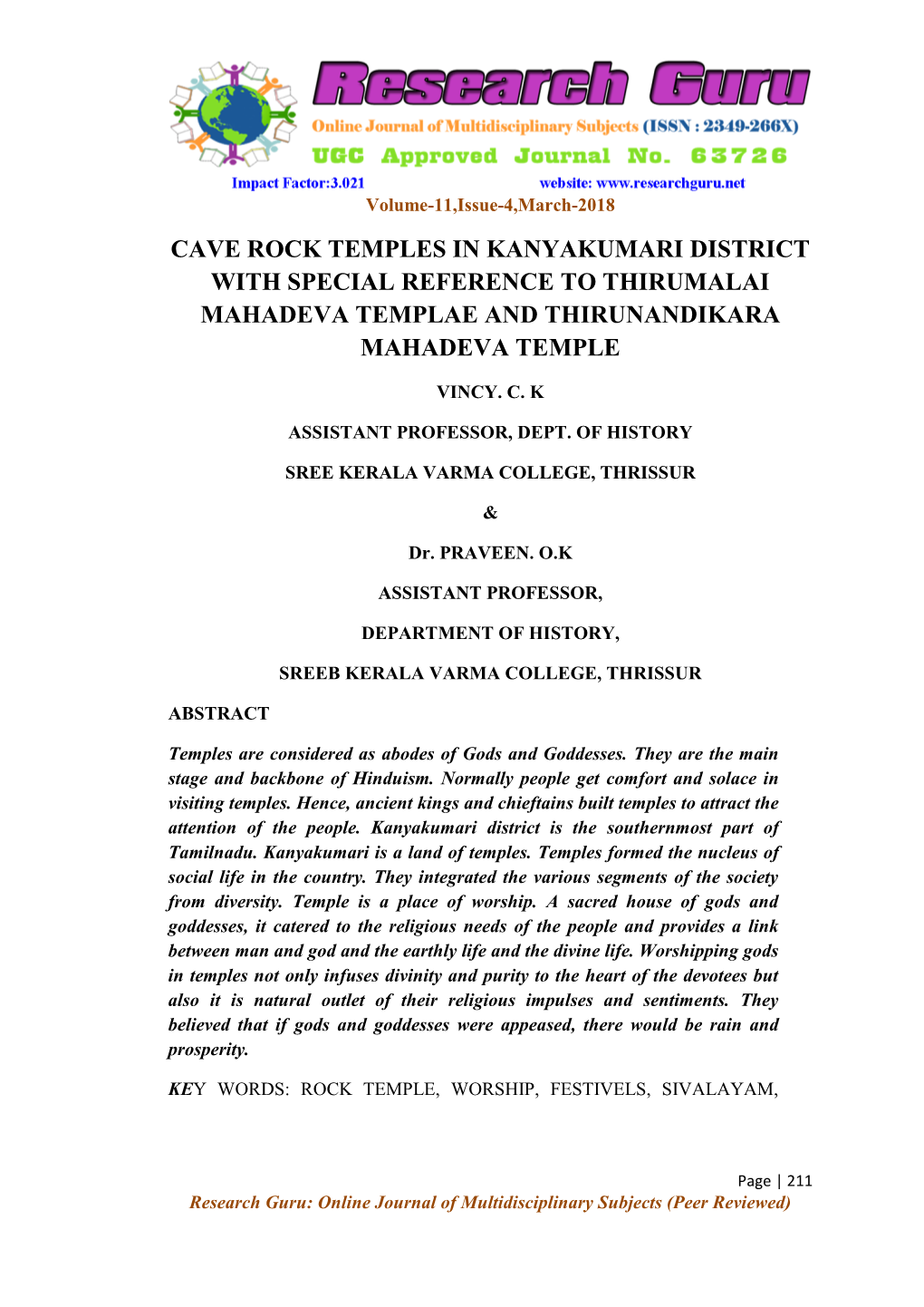 Cave Rock Temples in Kanyakumari District with Special Reference to Thirumalai Mahadeva Templae and Thirunandikara Mahadeva Temple