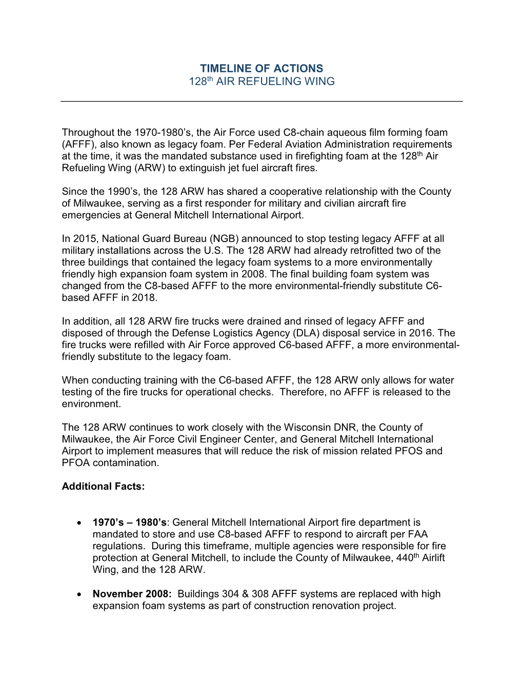 TIMELINE of ACTIONS 128Th AIR REFUELING WING