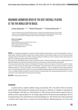 Maximum Locomotor Speed of the Best Football Players at the Fifa World Cup in Brazil