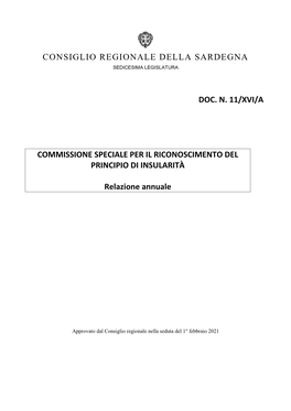 Consiglio Regionale Della Sardegna Doc. N. 11/Xvi/A