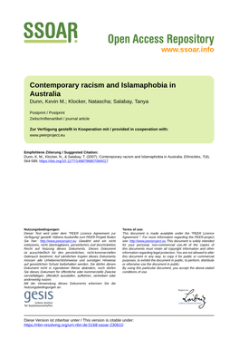 Contemporary Racism and Islamaphobia in Australia