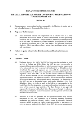 The Legal Services Act 2007 (The Law Society) (Modification of Functions) Order 2015