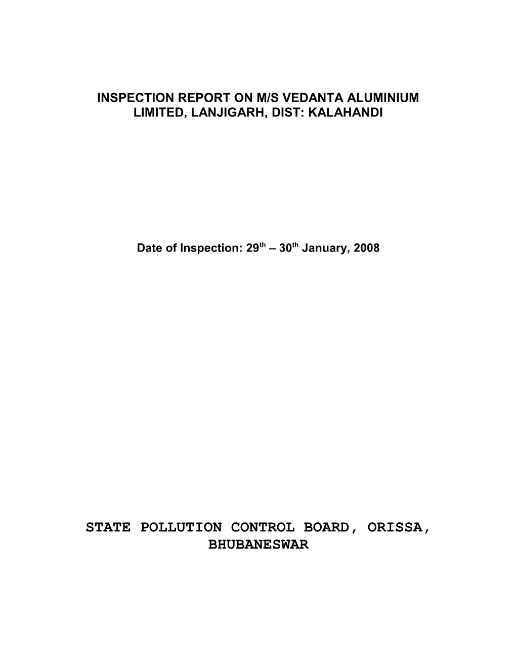 Inspection Report on M/S Vedanta Aluminium Limited, Lanjigarh, Dist: Kalahandi