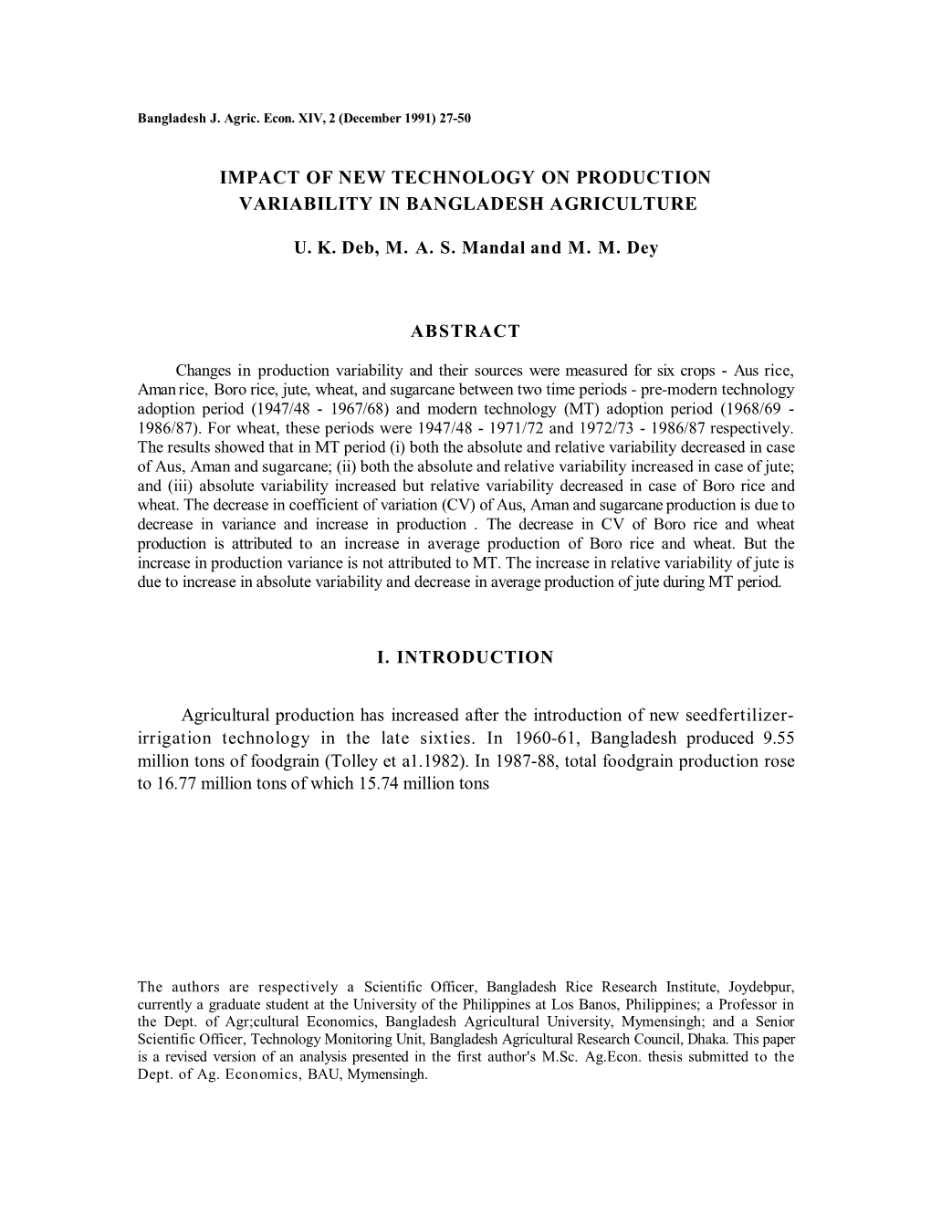 Impact of New Technology on Production Variability in Bangladesh Agriculture