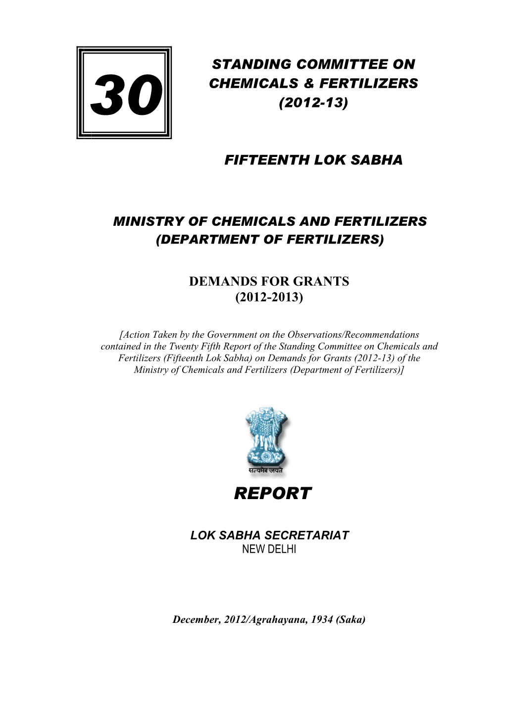 Chemicals & Fertilizers (2012-13) Fifteenth Lok Sabha