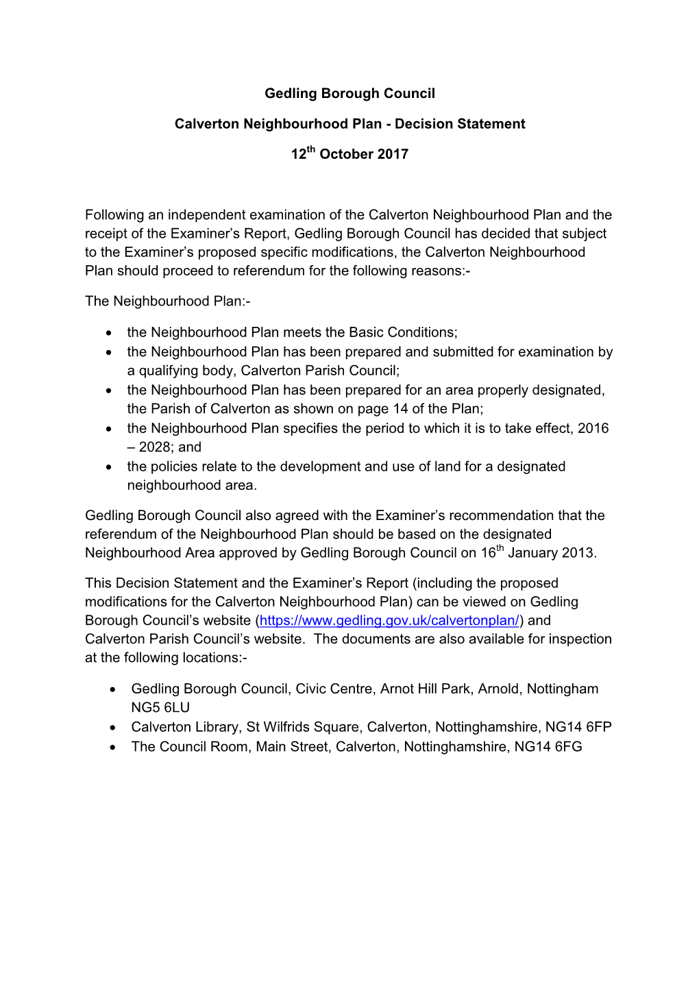 Gedling Borough Council Calverton Neighbourhood Plan