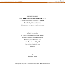 GEORGE HICKES and the DANO-SAXON POETIC DIALECT: a Translation Edition of a Section of Caput XXI, from the Anglo-Saxon Grammar of Linguarum Vett