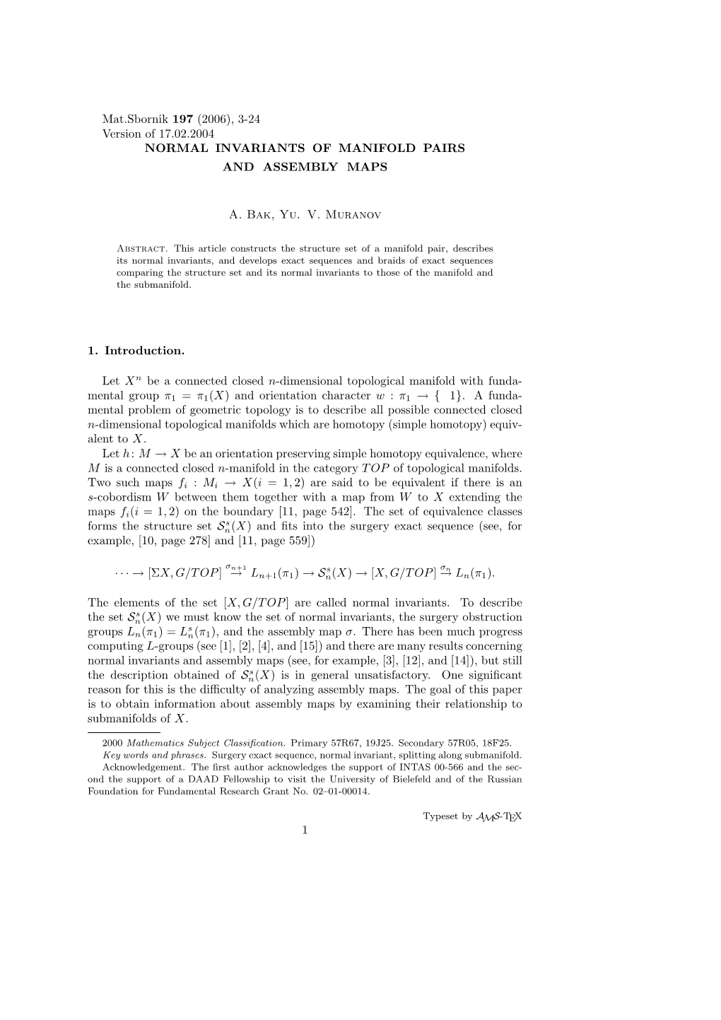 Mat.Sbornik 197 (2006), 3-24 Version of 17.02.2004 NORMAL INVARIANTS of MANIFOLD PAIRS and ASSEMBLY MAPS