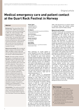 Medical Emergency Care and Patient Contact at the Quart Rock Festival in Norway