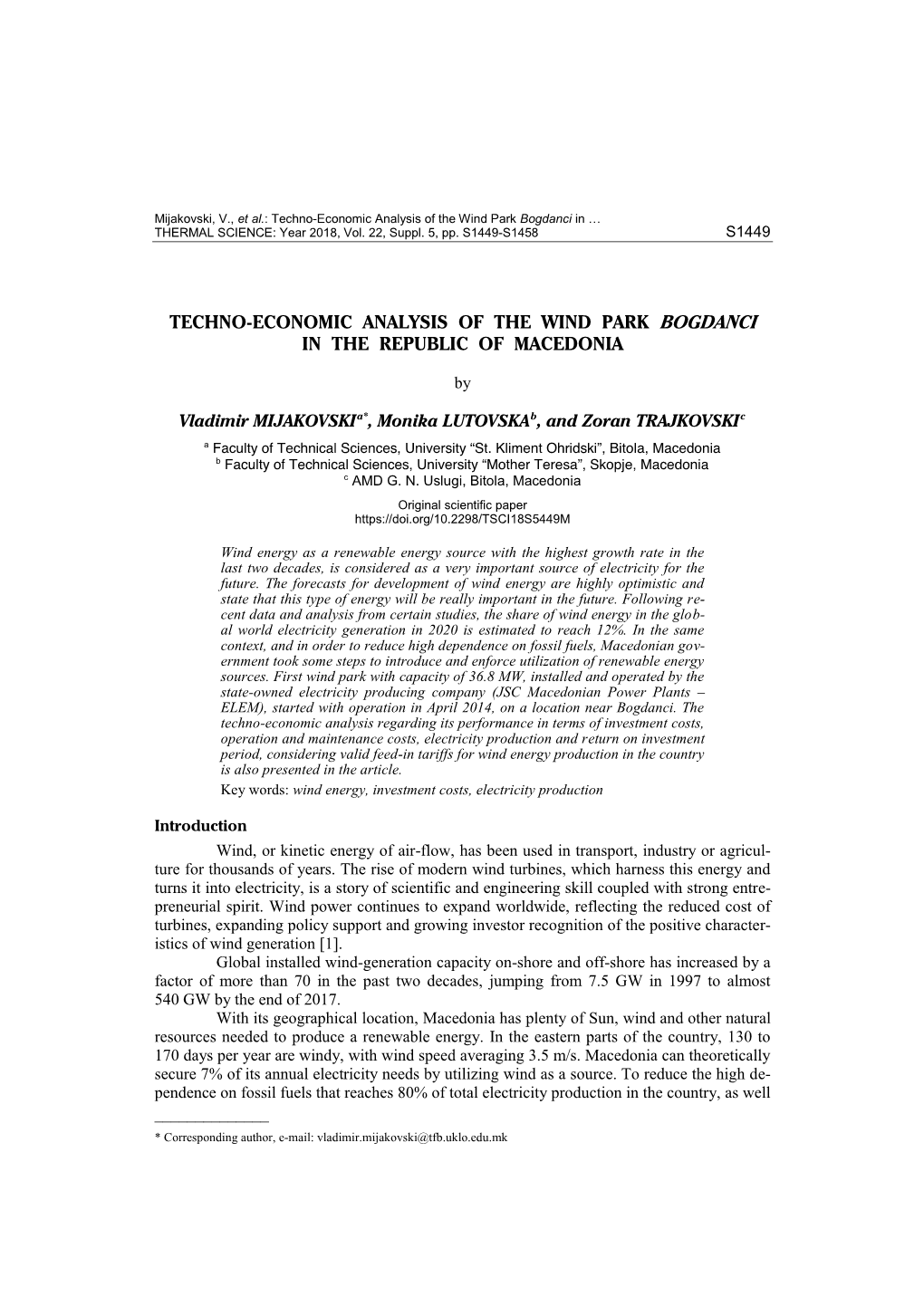 Techno-Economic Analysis of the Wind Park Bogdanci in … THERMAL SCIENCE: Year 2018, Vol