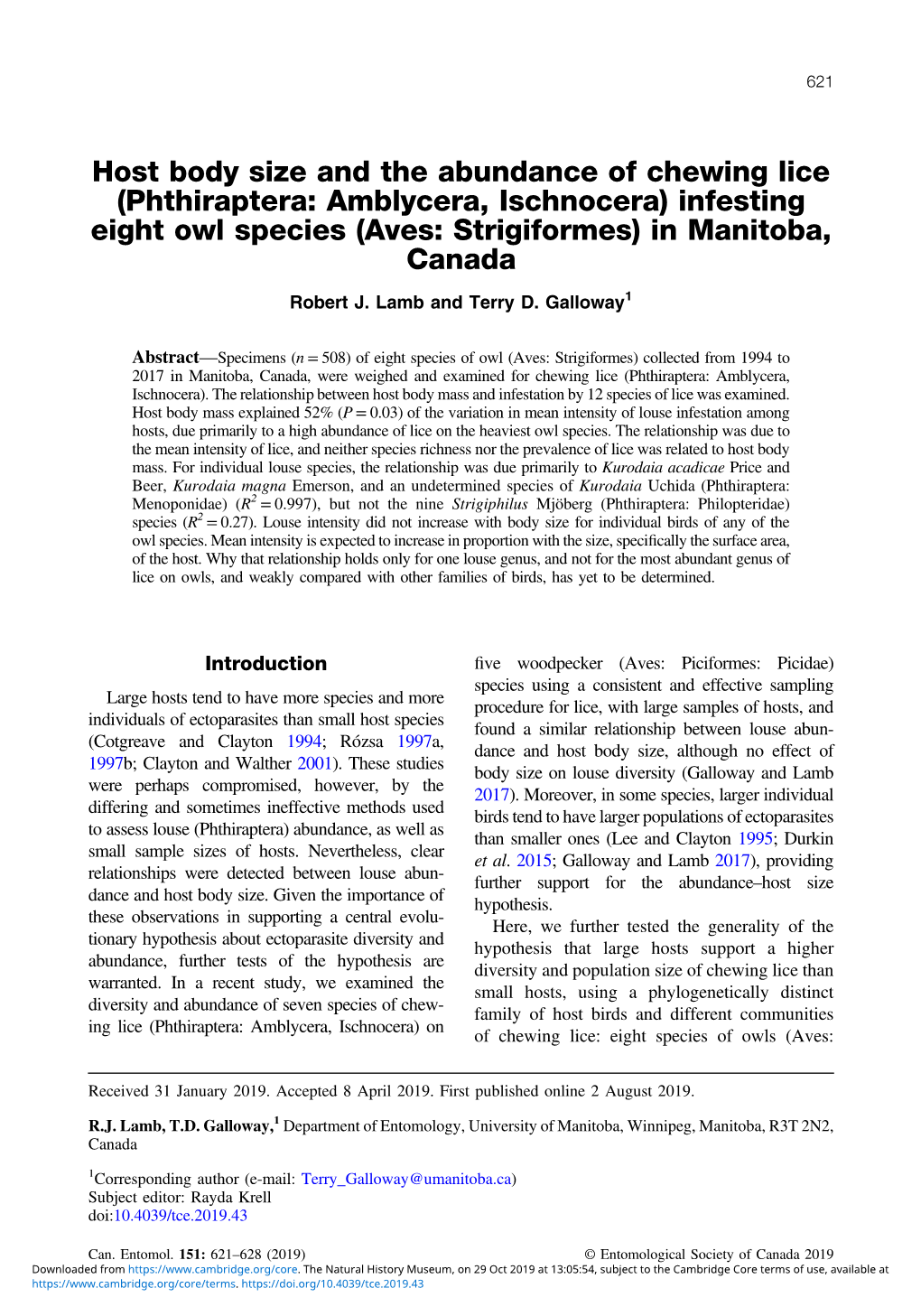 (Phthiraptera: Amblycera, Ischnocera) Infesting Eight Owl Species (Aves: Strigiformes) in Manitoba, Canada Robert J