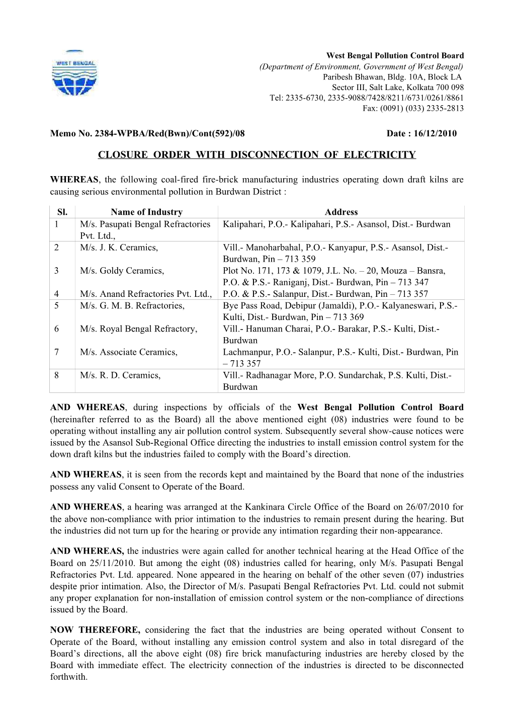 Closure Order with Disconnection of Electricity