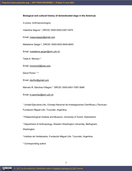 1 Biological and Cultural History of Domesticated Dogs in the Americas in Press, Anthropozoologica Valentina Segura 1, ORCID