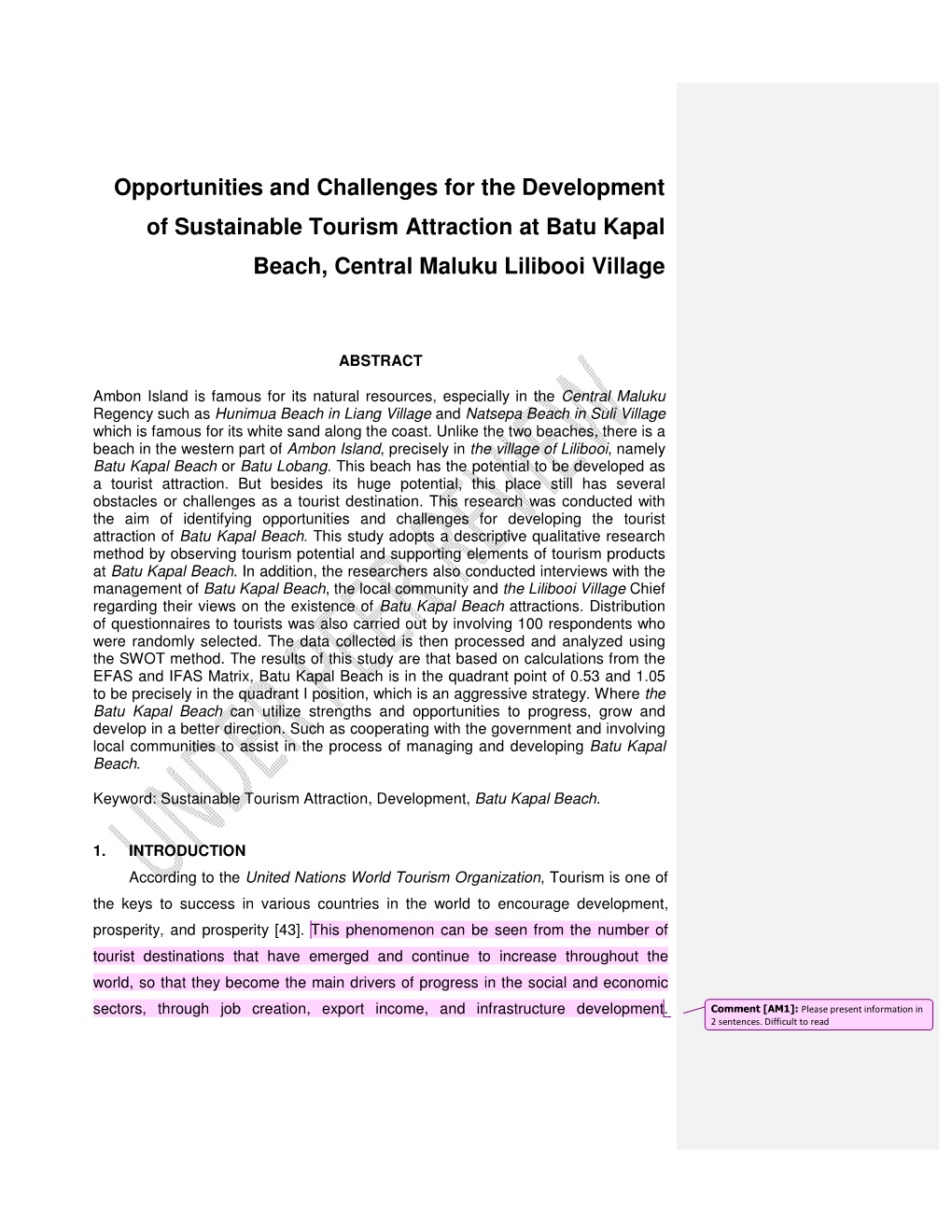 Opportunities and Challenges for the Development of Sustainable Tourism Attraction at Batu Kapal Beach, Central Maluku Lilibooi Village