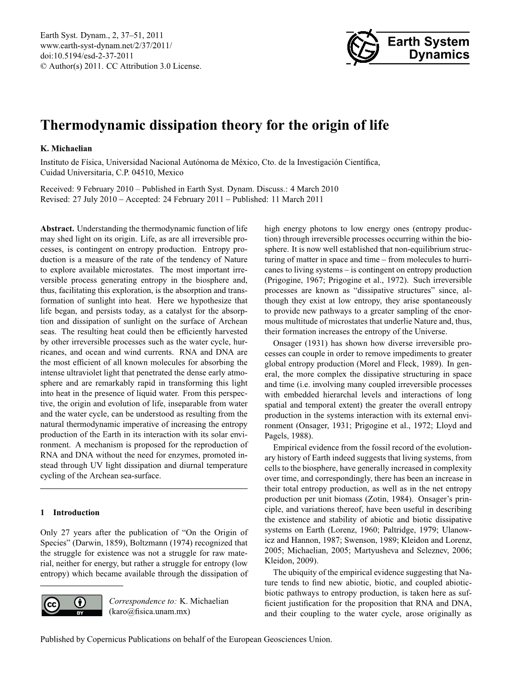 Thermodynamic Dissipation Theory for the Origin of Life
